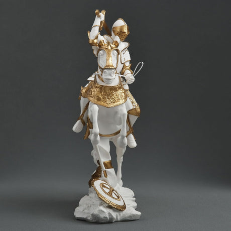 Statue of a knight on horseback with armor and sword, white and gold color scheme.