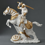 Statue of a knight on horseback with armor and sword, white and gold color scheme.
