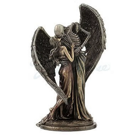 Bronze-hued figurine of winged skeleton angel kissing maiden
