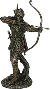 A bronze-hued figurine of Robin Hood drawing his bow with an arrow knocked