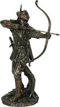 A bronze-hued figurine of Robin Hood drawing his bow with an arrow knocked