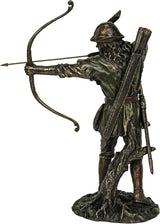 A bronze-hued figurine of Robin Hood drawing his bow with an arrow knocked