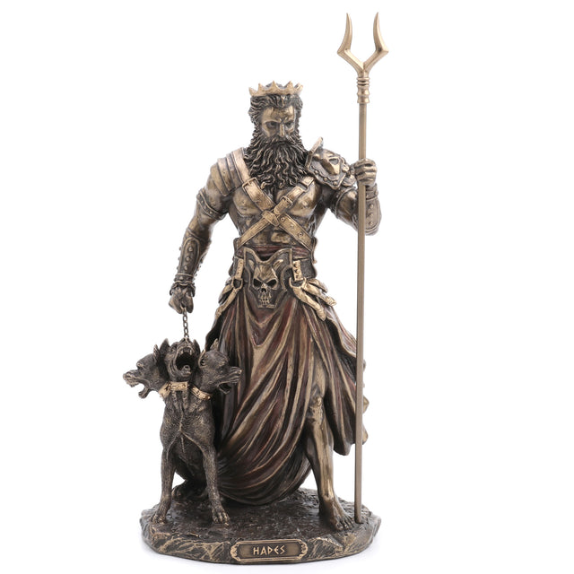 Hades, Greek ruler of the underworld with his staff and Cerberus, three headed dog on a chain