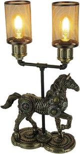 Steampunk horse lamp in faux metal with two twin mesh-enclosed lights, shown lit