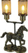 Steampunk horse lamp in faux metal with two twin mesh-enclosed lights, shown lit
