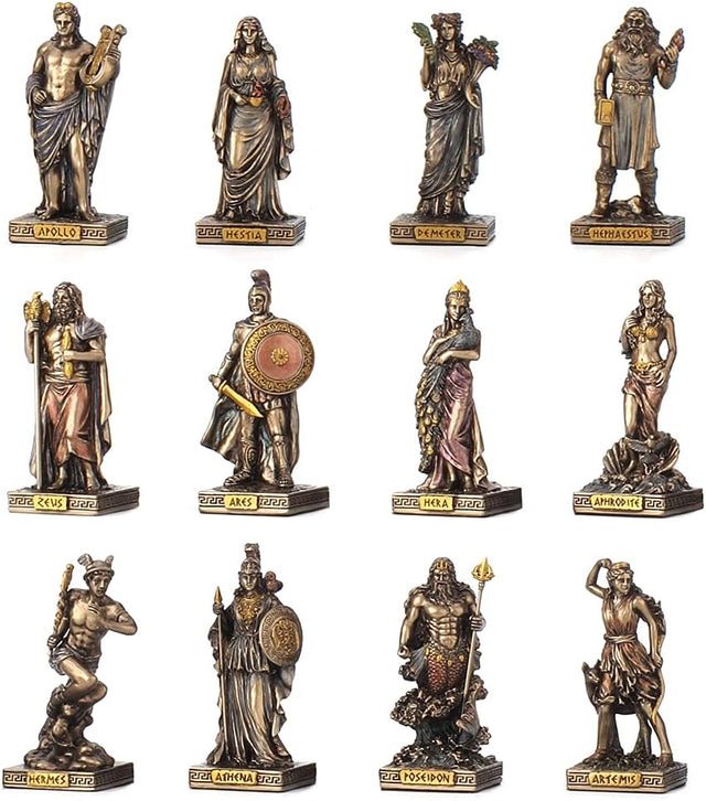Collection of bronze-colored Greek mythology figurines on a white background