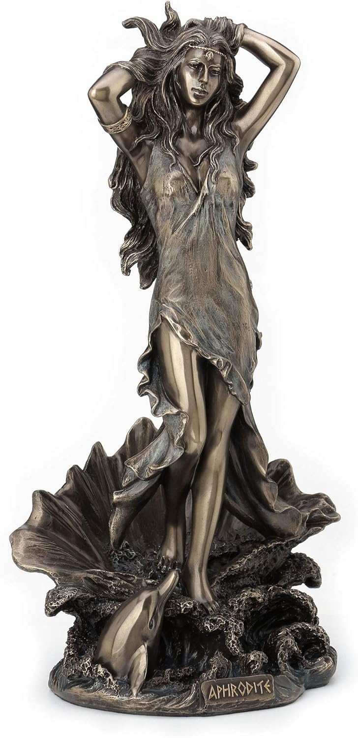 Bronze statue of Aphrodite rising from the sea on a clamshell with a dolphin