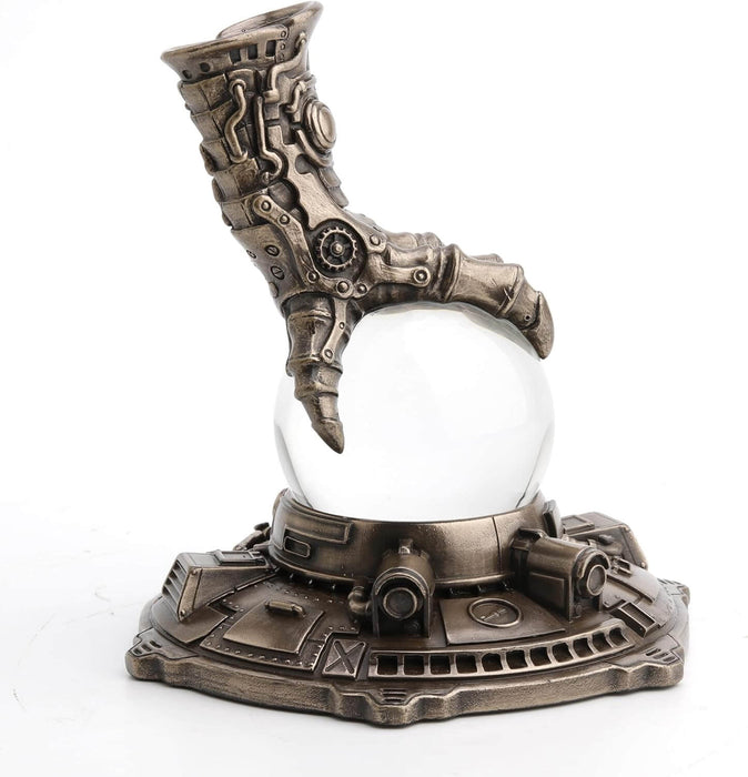 Steampunk faux-metal dragon claw grasping a crystal ball on a control panel stand