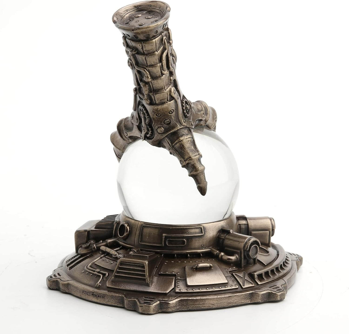 Steampunk faux-metal dragon claw grasping a crystal ball on a control panel stand