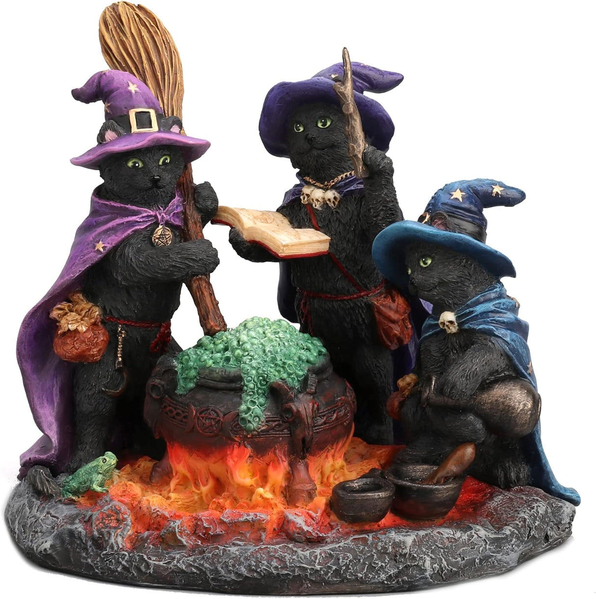 Figurine of three black cats and a frog casting a spell in a bubbling cauldron, dressed in hats and cloaks