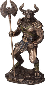 Bronze statue of Minotaur, the bull-headed warrior holding an axe on a white background
