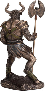 Bronze statue of Minotaur, the bull-headed warrior holding an axe, shown from the back