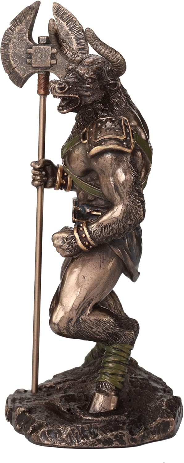 Bronze statue of Minotaur, the bull-headed warrior holding an axe, shown from the side