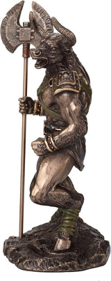 Bronze statue of Minotaur, the bull-headed warrior holding an axe, shown from the side