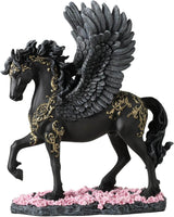 Pegasus figurine - black body with gold filigree designs, prancing through pink flowers