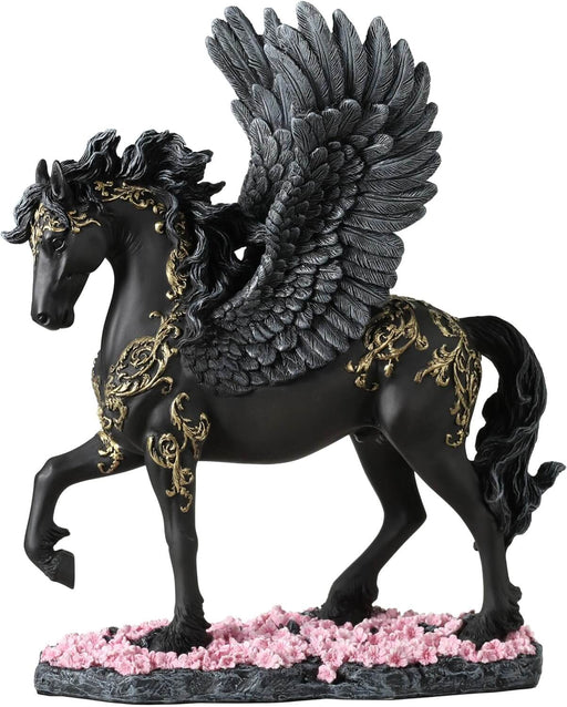 Pegasus figurine - black body with gold filigree designs, prancing through pink flowers