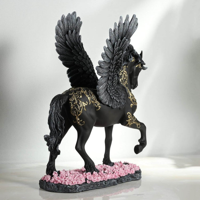 Pegasus figurine - black body with gold filigree designs, prancing through pink flowers