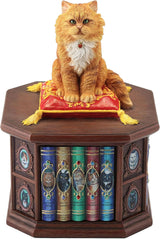 Trinket box of orange cat sitting on a red and yellow pillow on the lid of a faux-wood box shaped like a bookshelf with cat books and pictures