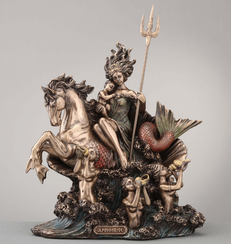 Figurine in bronze tones of Amphitrite the goddess of the sea, riding hippocampus with ocean waves and sirens, holding baby