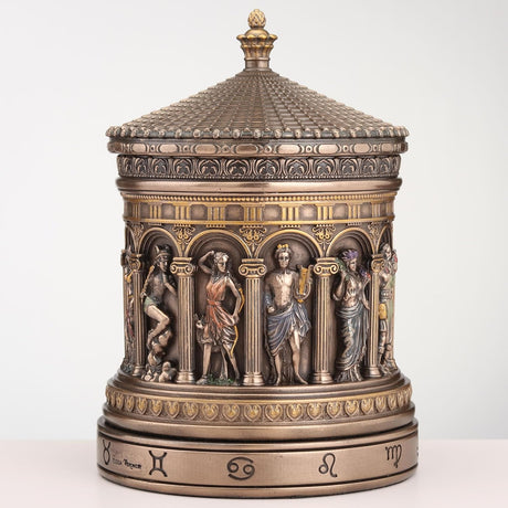 Decorative faux bronze trinket box with intricate zodiac designs and Greek gods & goddesses