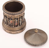 Decorative faux bronze trinket box with intricate zodiac designs and Greek gods & goddesses, shown with lid off