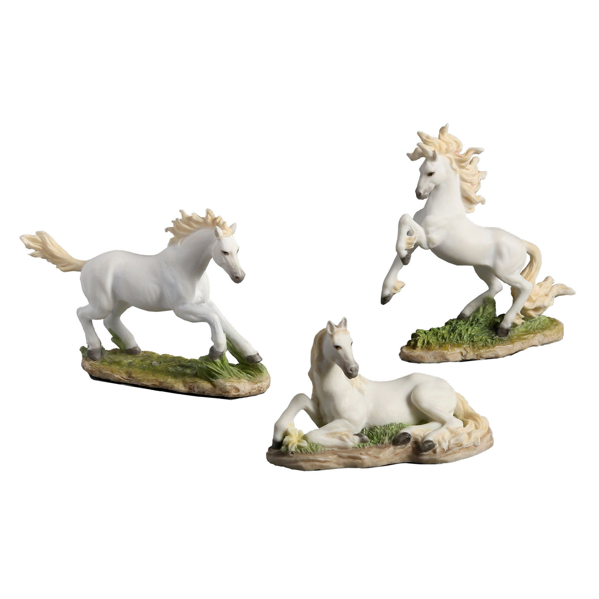 Three white horse figurines in different poses on a white background