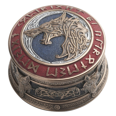 Round trinket box with Fenrir wolf head and Viking runes