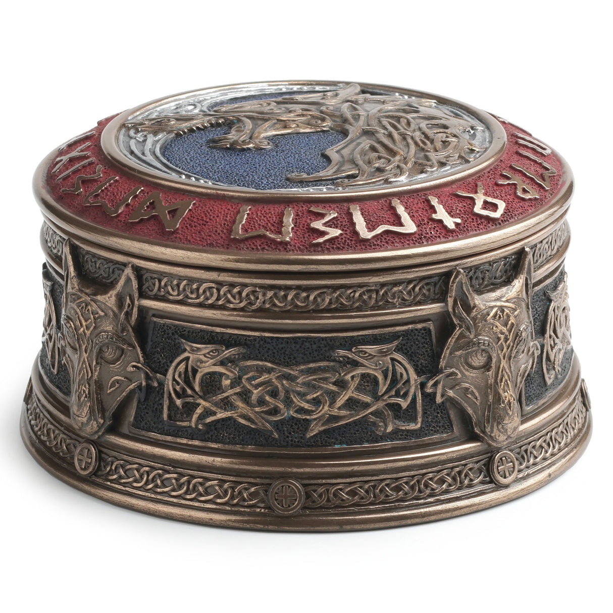 Round trinket box with Fenrir wolf head and Viking runes