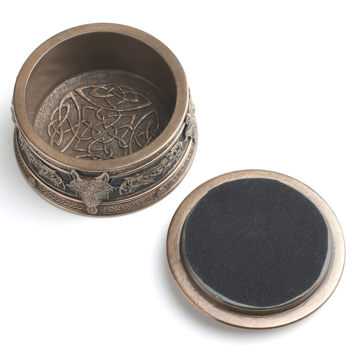 Round trinket box with Fenrir wolf head and Viking runes, shown with lid off