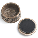 Round trinket box with Fenrir wolf head and Viking runes, shown with lid off