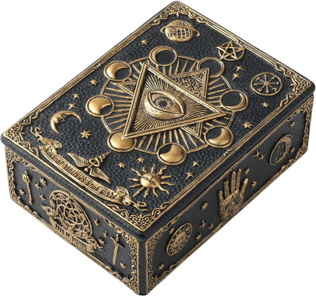 Trinket box, black with gold tarot and all seeing eye designs