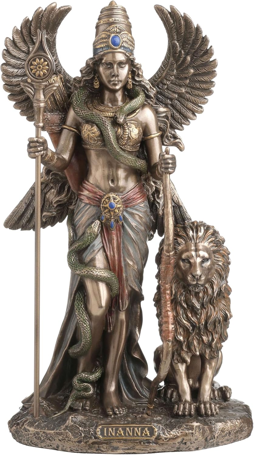 Statue of winged goddess with snakes and lion