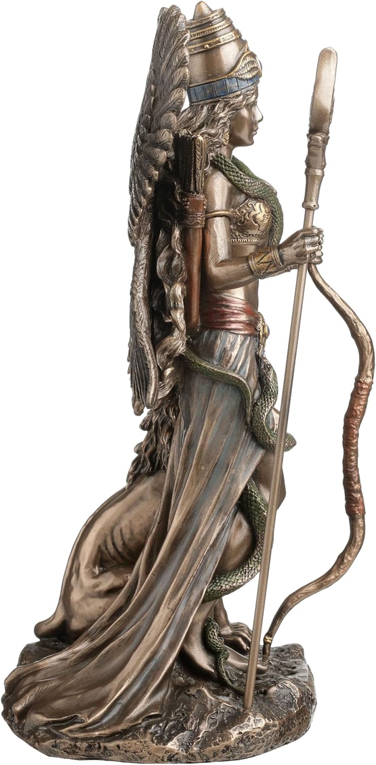 Statue of winged goddess with snakes and lion, shown from the side