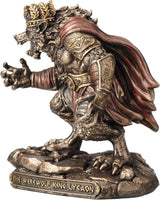 Statue of a werewolf king with armor and crown, titled "The Werewolf King Lycaon"