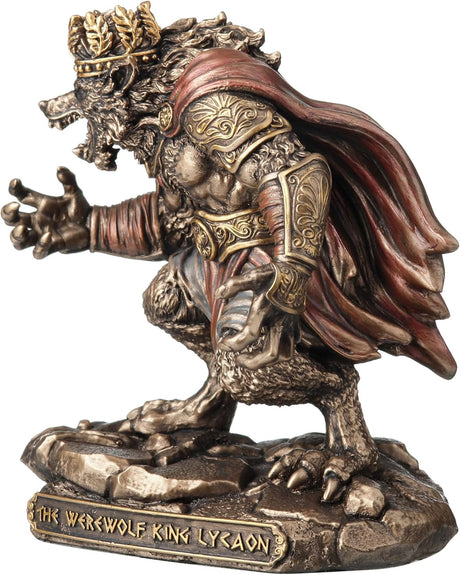 Statue of a werewolf king with armor and crown, titled "The Werewolf King Lycaon"