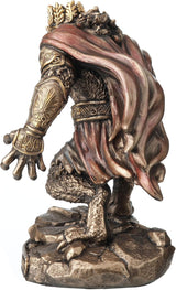 Statue of a werewolf king with armor and crown, red cape