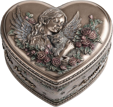 Decorative heart-shaped memorial box with angel and cat with roses