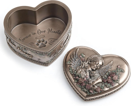 Decorative heart-shaped memorial box with angel and cat with roses, shown open, "Forever in Our Hearts" written inside with a pawprint