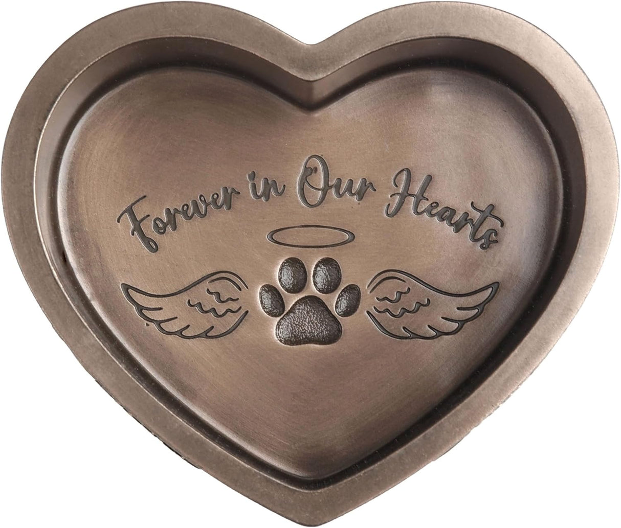 Inside of memorial trinket box, "Forever in Our Hearts" with angel wings, halo and pawprint