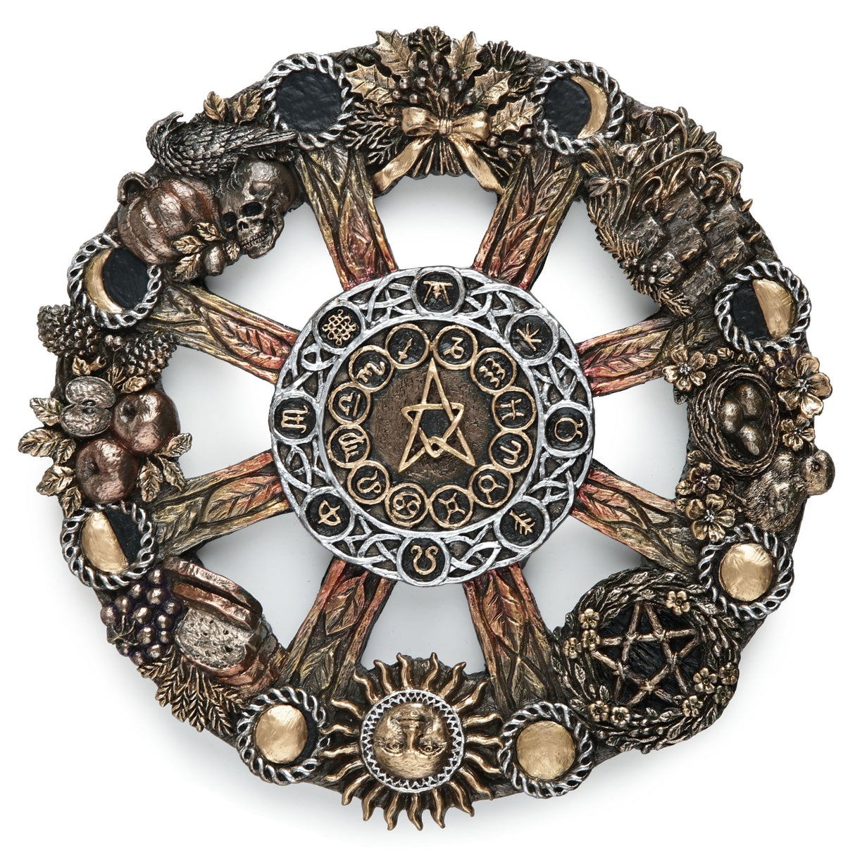 An ornate circular occult wheel wall plaque featuring a central pentagram and astrological symbols, surrounded by detailed seasonal elements including harvest food, plants and animals, and moon phases.