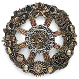 An ornate circular occult wheel wall plaque featuring a central pentagram and astrological symbols, surrounded by detailed seasonal elements including harvest food, plants and animals, and moon phases.
