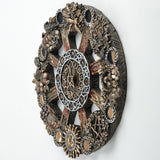 An ornate circular occult wheel wall plaque featuring a central pentagram and astrological symbols, surrounded by detailed seasonal elements including harvest food, plants and animals, and moon phases.