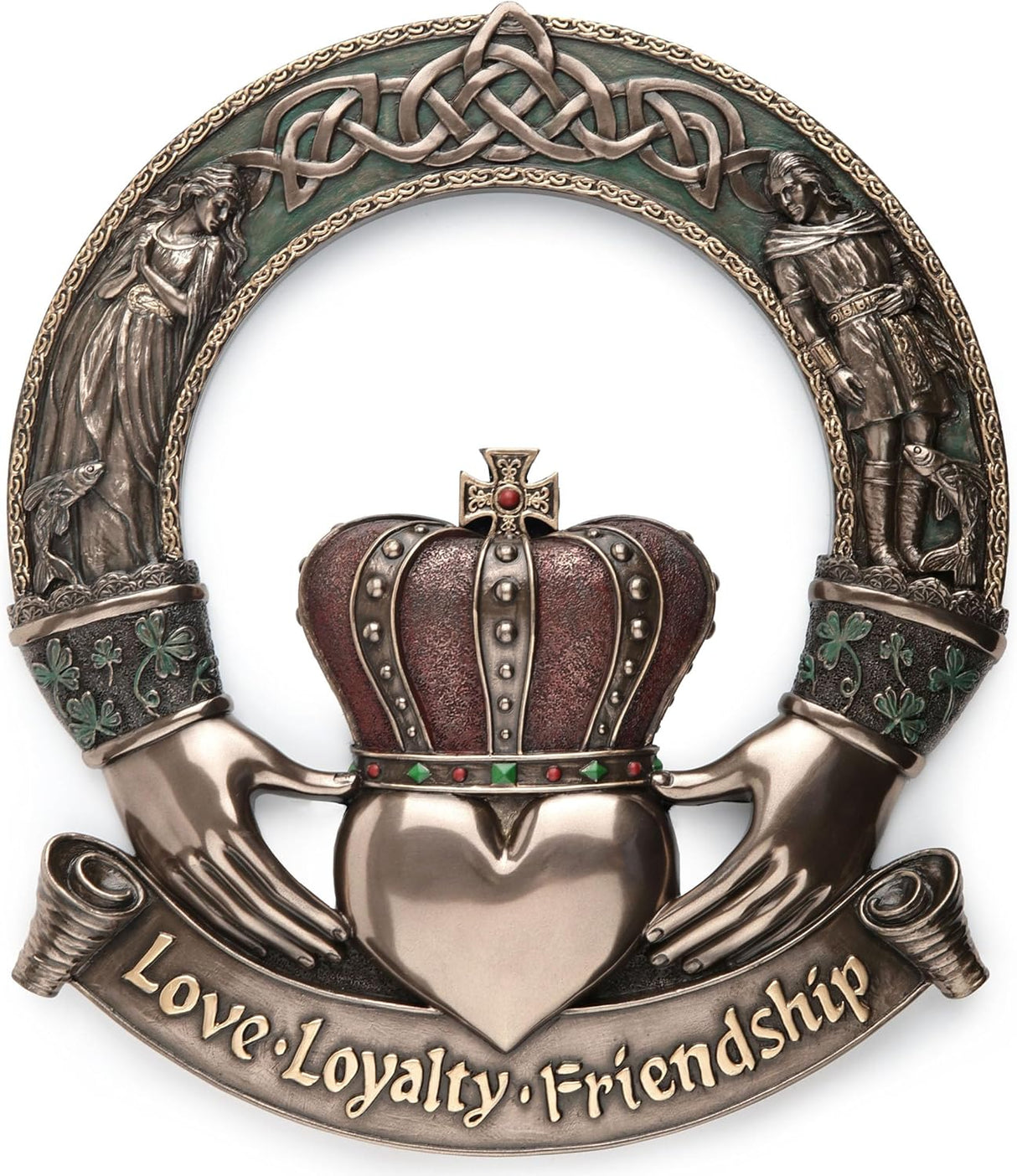 Irish Claddagh wall plaque with hands holding a heart, crown, and Celtic knotwork and the words Love, Loyalty, and Friendship