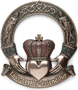 Irish Claddagh wall plaque with hands holding a heart, crown, and Celtic knotwork and the words Love, Loyalty, and Friendship