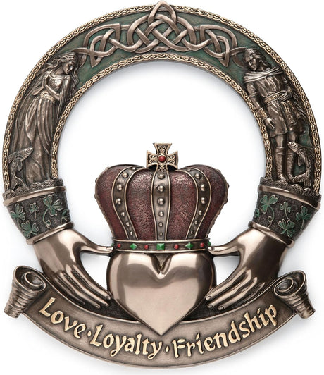 Irish Claddagh wall plaque with hands holding a heart, crown, and Celtic knotwork and the words Love, Loyalty, and Friendship