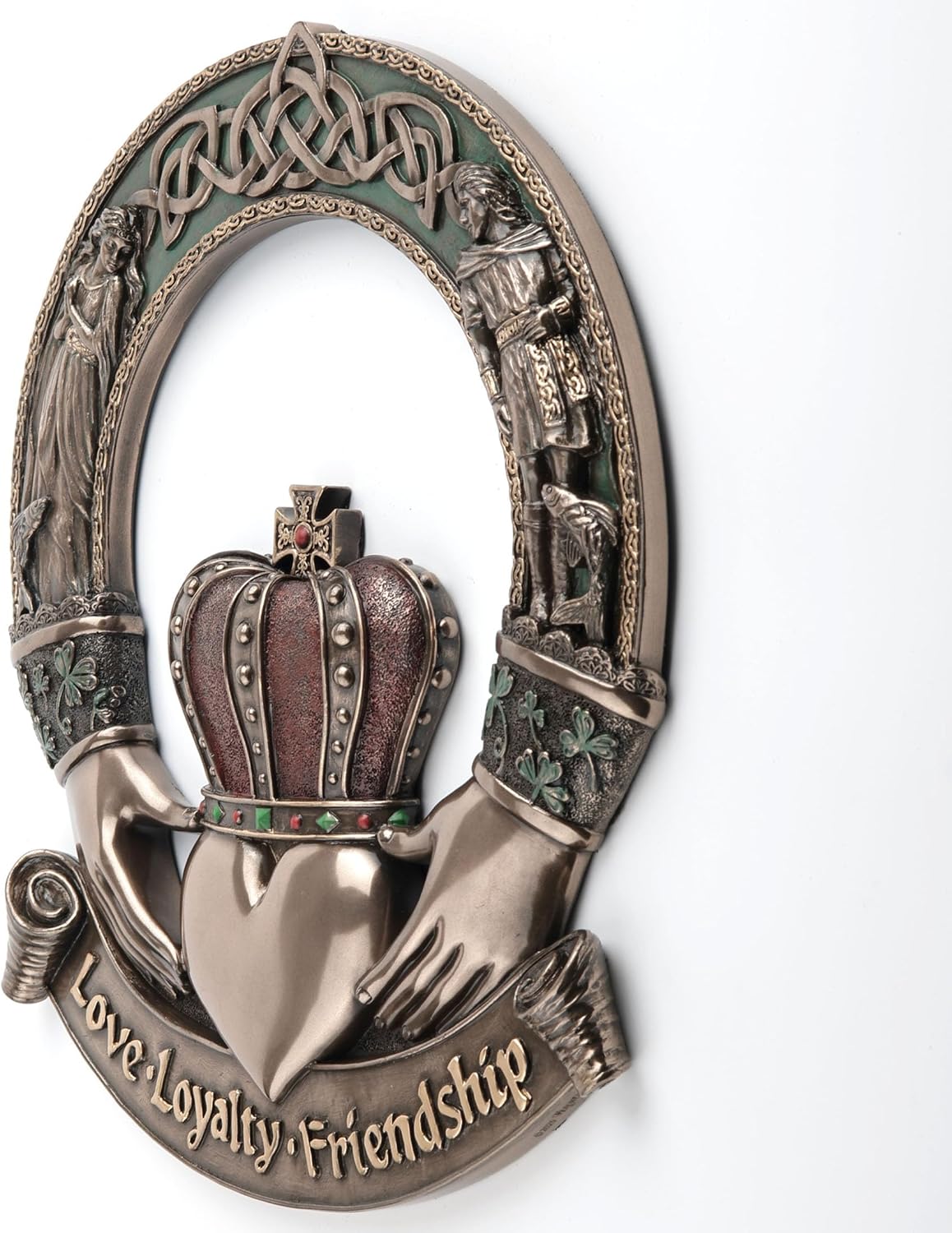 Irish Claddagh wall plaque with hands holding a heart, crown, and Celtic knotwork and the words Love, Loyalty, and Friendship