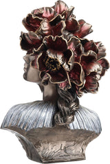 Bronze bust of a woman with red flowers for hair, shown from the back