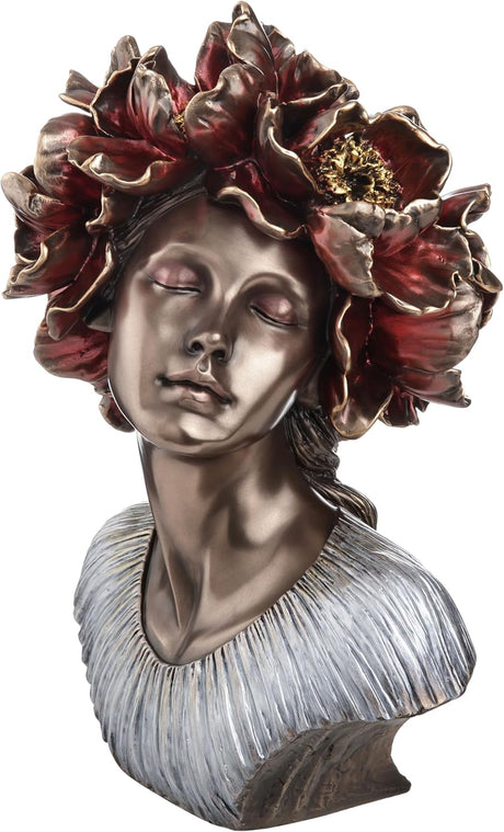 Bronze bust of a woman with red flowers for hair