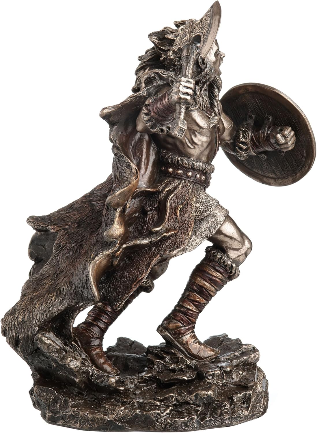 Statue of a Viking warrior holding a shield and axe , shown from the side