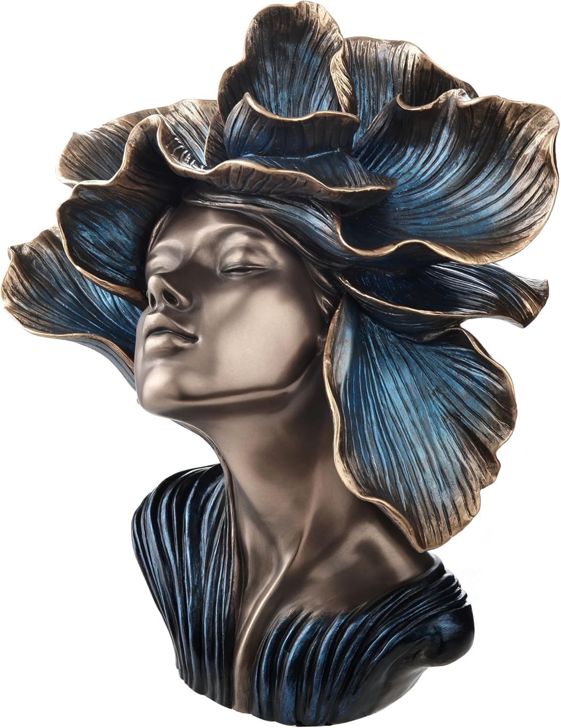 Bronze bust of a woman with flower petals for hair, bronze with blue